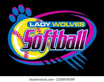 lady wolves softball team design with ball and paw print for school, college or league sports