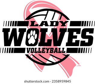 diseño del equipo de voleibol de lady wolves con cinta de cáncer rosa para deportes en la escuela, universidad o liga