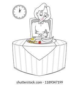 Lady woman businesswoman girl just completed his lunch supper dinner in a restaurant office looking at time on wrist watch