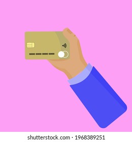 A lady woman hand holding Gold Master Credit Card in hand using for Online Marketing Shopping buying things for online purchasing communication business finance technology concept
