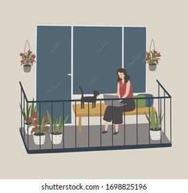 Dame arbeitet von zu Hause aus am Computer. Arbeitsplatz auf dem Balkon während der Quarantäne Coronavirus. Selbstisolierender Lebensstil. Bleib zu Hause. Frau Freiberuflerin und Katze. Bleiben Sie in Sicherheit. Cartoon-Vektorillustration-Illustration