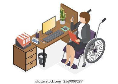 Lady working with a computer and documents in a office. Woman uses a wheelchair. Physical disability and society. Vector flat isometric illustration