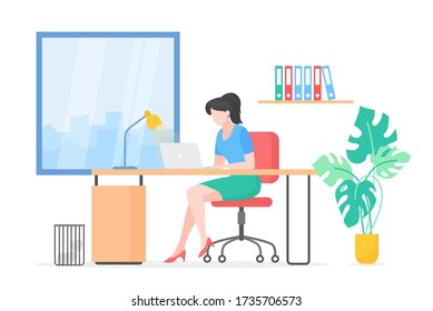 Señora trabajando con ilustración vectorial plana portátil. Secretario, estudiante, personaje de caricatura independiente. Trabajo remoto, freelance, internet surf, educación en línea. Área de trabajo de Office, lugar de trabajo