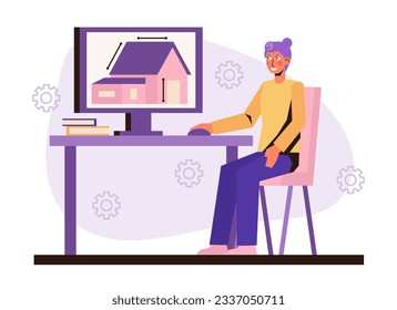 Señora trabajando en el computador, construyendo casa. Arquitecto trabajando en el proyecto. Diseño y diseño de la casa. Ilustración vectorial plana en color púrpura en estilo de dibujos animados