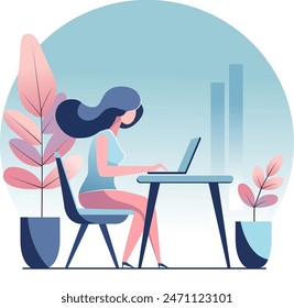 A lady Working on his workspace vector illustration