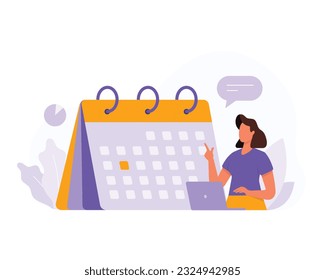 Lady working on laptop in office, organizing time, planning week. Process of organizing working time. Good business productivity process. Time management concept. Vector illustration