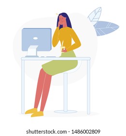 Lady Working Overtime Flat Vector Illustration. Tired Businesswoman, Sleepy Office Worker Cartoon Character. Young Exhausted Woman Holding Coffee. Overworked Freelancer, Burn out, Stress