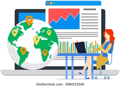 Lady working at postal office. Pointer show location on planet, world map for delivery, worldwide transportation. Data graph and diagram on web page. Woman analyzes worldwide shipping statistics