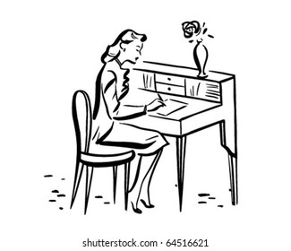 Lady Writing At Desk - Retro Clipart Illustration