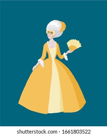 Lady In Yellow Dress With Mask, Venetian Carnival, 18th Century, Vector Illustration