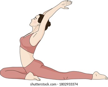 Lady in yoga pose. Lady or female relaxing during pilates or meditation at gym or gymnasium. Cartoon character at fitness sport exercises. People activity and training, Strength exercises