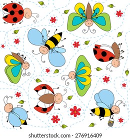 Ladybird, bee and butterfly seamless pattern cartoon vector drawing 