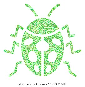 Ladybird Bug composition of round dots in variable sizes and ecological green color tints. Dots are combined into ladybird bug vector collage. Organic vector design concept.