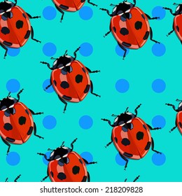 Ladybird bug flat style pattern. Nature insect seamless texture background. Ladybug on dots.