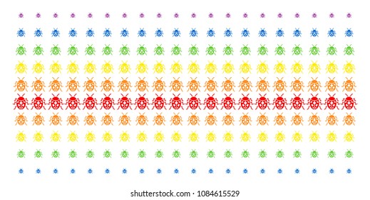 Ladybird Bug icon spectral halftone pattern. Vector objects organized into halftone matrix with vertical rainbow colors gradient. Designed for backgrounds, covers, templates and abstraction concepts.