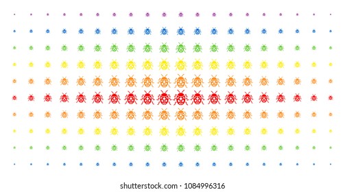 Ladybird bug icon spectral halftone pattern. Vector ladybird bug shapes are arranged into halftone matrix with vertical spectrum gradient. Designed for backgrounds, covers,