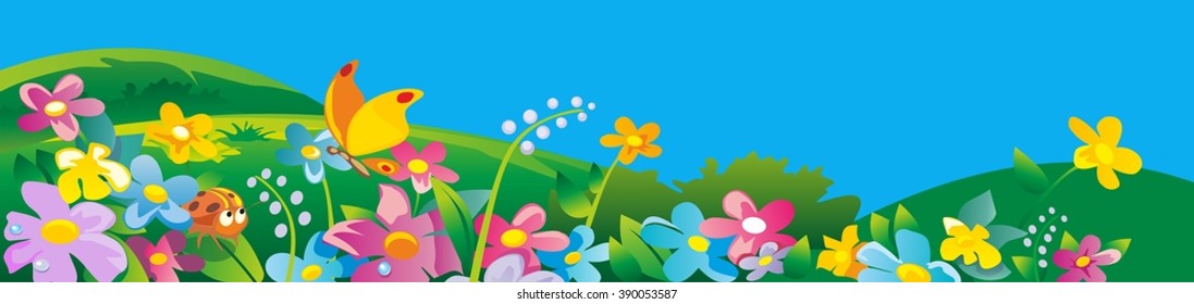 Ladybird and butterfly. Nature field with green grass, flowers at meadow and water drops dew on leaves. Summer landscape. Vector flat illustration.