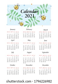 Marienkäfer. Kalender 2021. Vektorgrafik-Charakter für die Kinderplanung. Cute gelbe Leiter auf Hintergrund