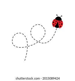 Ladybird cute icon. Ladybug flying on dotted route. Vector isolated on white background.