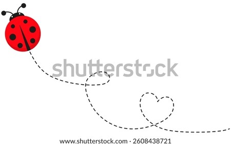 Ladybird with dotted route. Ladybug with spotted line path and heart shape. Vector illustration isolated on white.