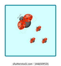Ladybird family in square card. Illustration ladybug. Cute colorful sign red insect symbol spring, summer, garden. Template for t shirt, apparel, card, poster, etc. Design element Vector illustration.