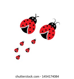 Ladybird family in square card. Illustration ladybug. Cute colorful sign red insect symbol spring, summer, garden. Template for t shirt, apparel, card, poster, etc. Design element Vector illustration.