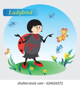 Ladybird, flowers and butterflies. Drawing for kids. Nature. The cartoon characters. Design for banner, poster, children's goods, textiles, emblems, books, and background image.