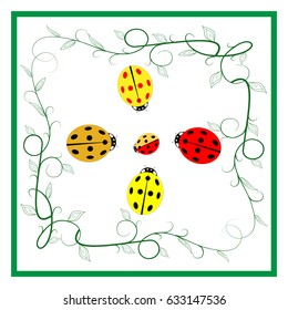 Ladybird in green frame sign. Illustration cute colorful sign red and yellow insect symbol spring, summer, garden. Template for t shirt, apparel, card, poster. Design element. Vector illustration