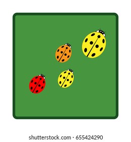 Ladybird in green square sign. Illustration cute colorful sign red and yellow insect symbol spring, summer, garden. Template for t shirt, apparel, card, poster. Design element. Vector illustration