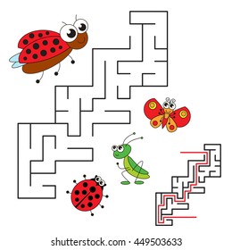 Ladybird and her baby. Kid maze game. Search the way. Easy educational kid game. Simple game level. Help to find the solution. Visual labyrinth game for children. Colorful version.