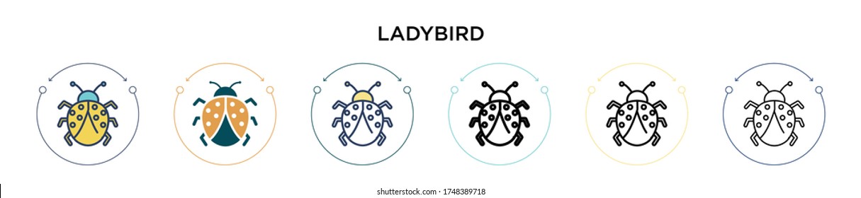 Ladybird icon in filled, thin line, outline and stroke style. Vector illustration of two colored and black ladybird vector icons designs can be used for mobile, ui, web