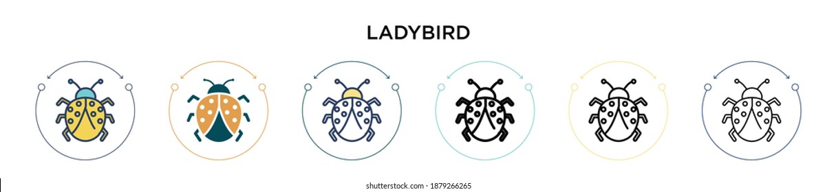 Ladybird icon in filled, thin line, outline and stroke style. Vector illustration of two colored and black ladybird vector icons designs can be used for mobile, ui, web