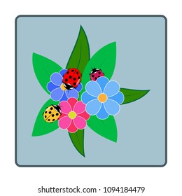 Ladybird icon. Illustration ladybug in green square. Cute colorful sign red insect symbol spring, summer, garden. Template for t shirt, apparel, card, poster,etc. Design element. Vector illustration