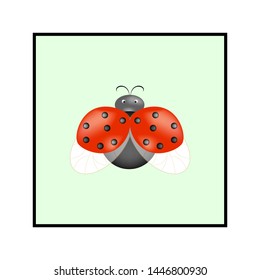 Ladybird isolated. Illustration ladybug in green square. Cute colorful sign red insect symbol spring, summer, garden. Template for t shirt, apparel, card, poster Design element Vector illustration.