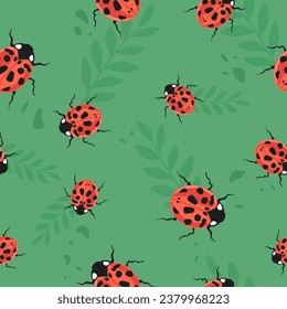 Ladybird or ladybug, lady beetle and leaves, foliage and branches of plants and trees. Nature and wilderness, zoo and insects. Seamless pattern, wallpaper or background print. Vector in flat style