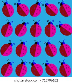 Lady-bird or ladybug pattern on light background. Cartoon vector illustration. Endless insect texture for textile