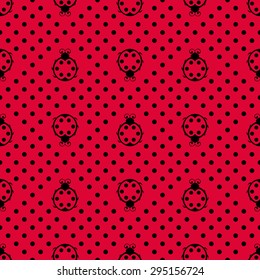 Ladybird with polka dots. Seamless pattern with dotted red background. Vector illustration. 