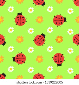 Ladybird seamless pattern with flowers. Summer pattern. 