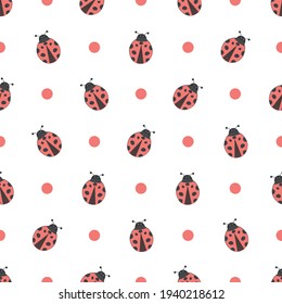 Ladybird seamless pattern isolated on white background. Cute red ladybirds, and decorative dots for baby and children fabric, cloth, backdrop, wallpaper, wrapping paper.