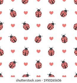 Ladybird seamless pattern isolated on white background. Cute red ladybirds, and lovely hearts for baby and children fabric, cloth, backdrop, wallpaper, wrapping paper.