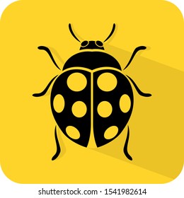 Ladybird sign. Ladybug insect. Scarab beetle. Bug logo. Flat 3D shadow design. yellow background black vector. product brand service label banner board display. App icon.