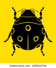 Ladybird silhouette on yellow background. Top view of ladybird bug. Vector illustration.