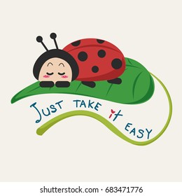 Ladybird sleeping on the leaf. Ladybird cartoon and vector illustration.  