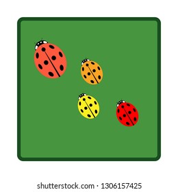 Ladybird in square. Illustration ladybug in green frame. Cute colorful sign color insect symbol spring, summer, garden. Template for t shirt, apparel, card, poster. Design element. Vector illustration