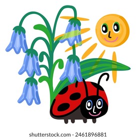 Ladybird under lily of the valley warmed by sun. Cute childish illustration.