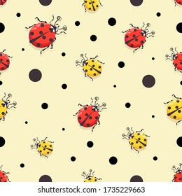 Ladybird. Vector cartoon character pattern, background. Cute red and yellow ladybugs on a light background 