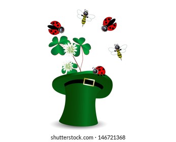 Ladybirds and bees in hat with clover