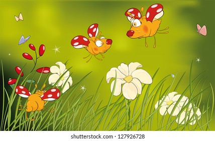 Ladybirds and flower glade cartoon