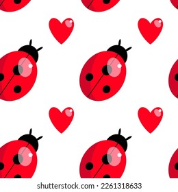 Ladybirds and hearts pattern. Colourful bug ornament. Red hearts
