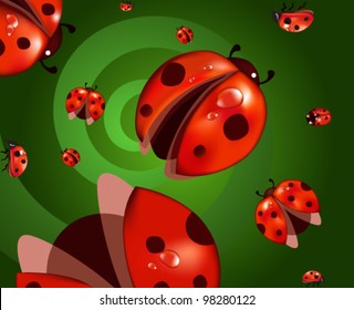 Ladybirds on a green background